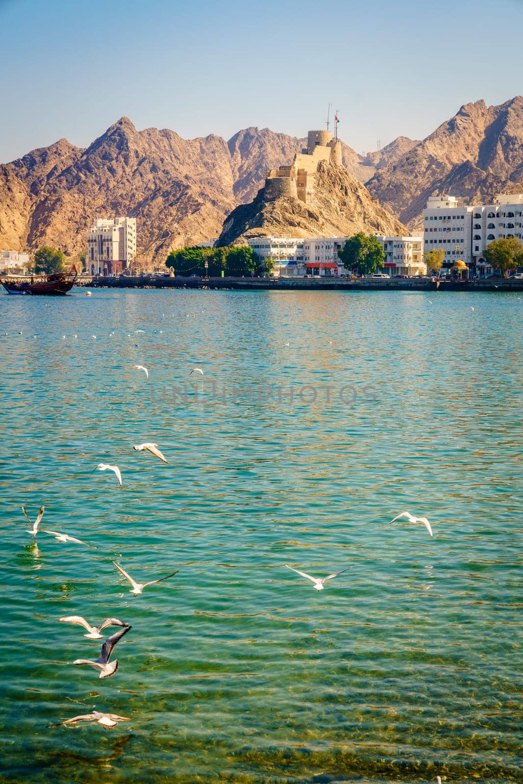 View of Mutrah Corniche from Sultan Qaboos Port in Muscat, Oman