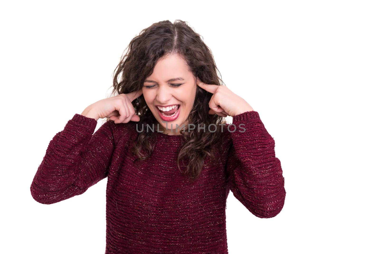 Beautiful young woman asking for silence isolated