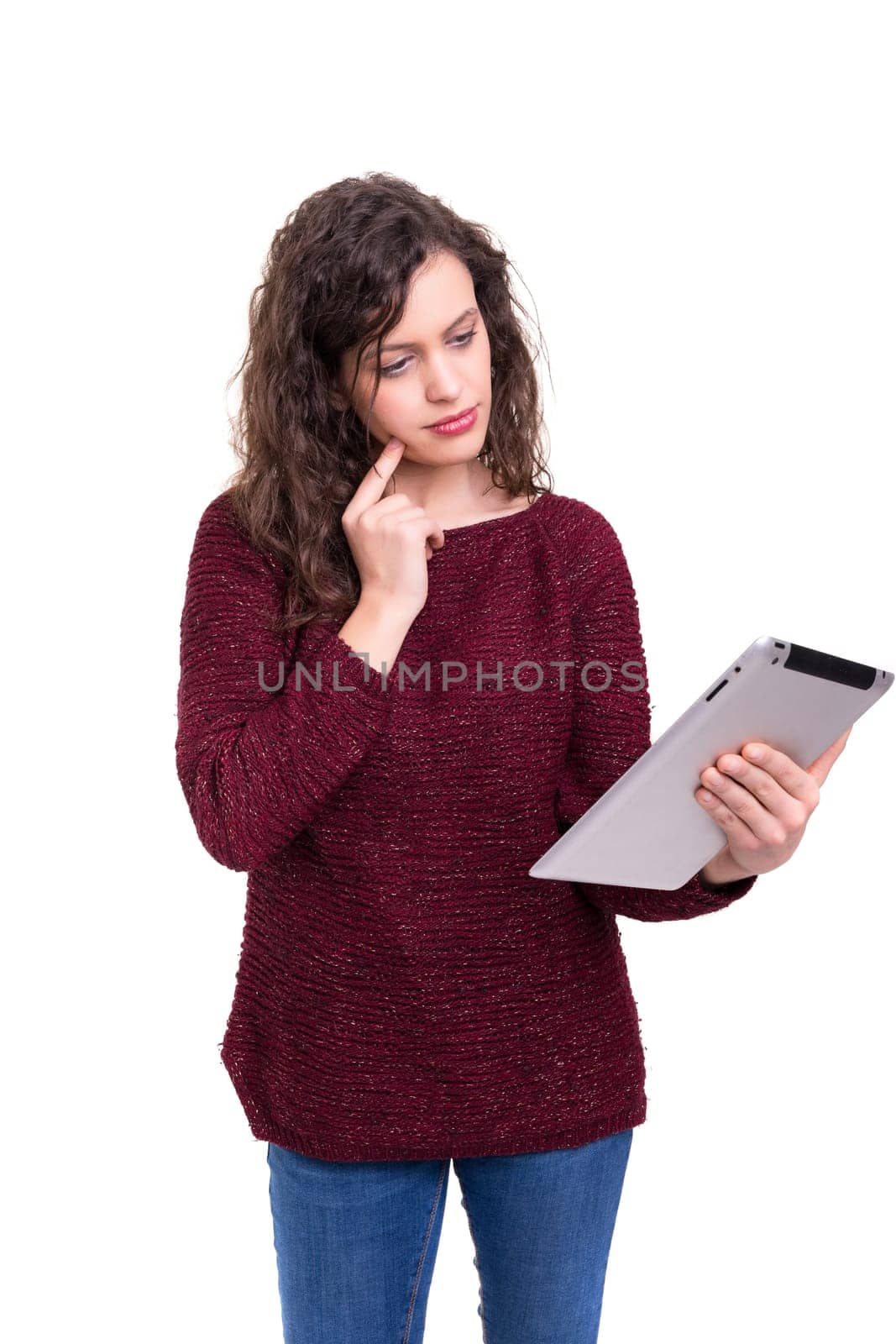 beautiful woman working with a new tablet computer, isolated over white background