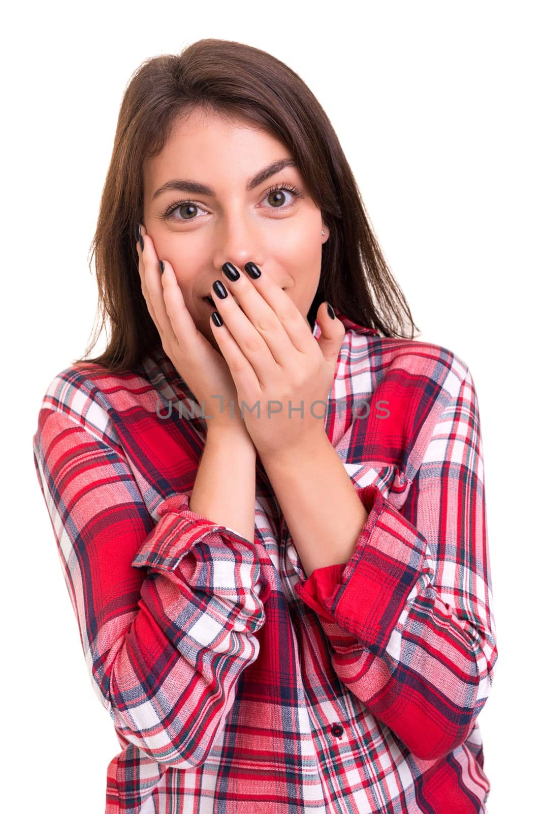 Surprised young woman isolated over white background