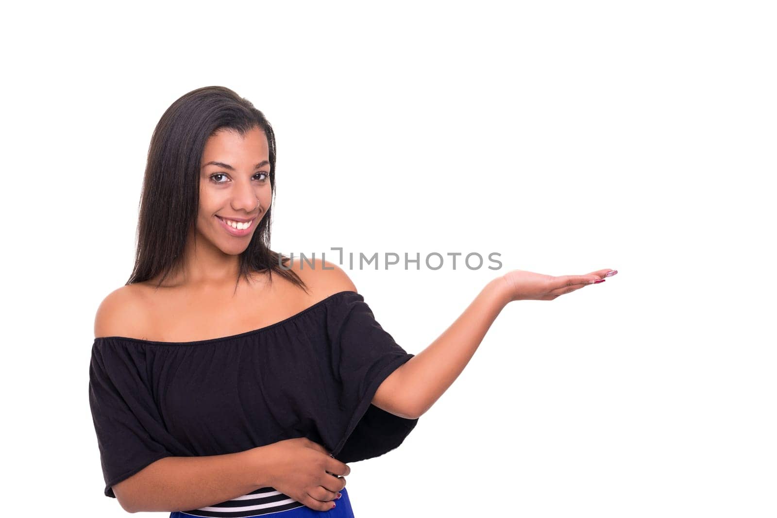 Young beautiful african woman presenting your product, isolated over white background