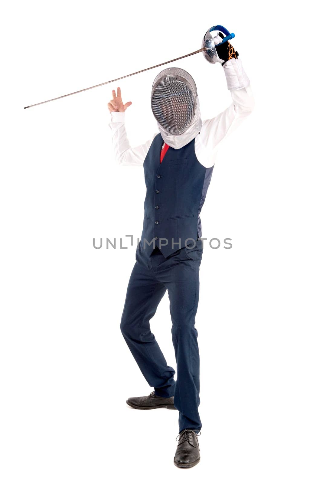 Male fencer businessman, ready for a duel isolated in white background