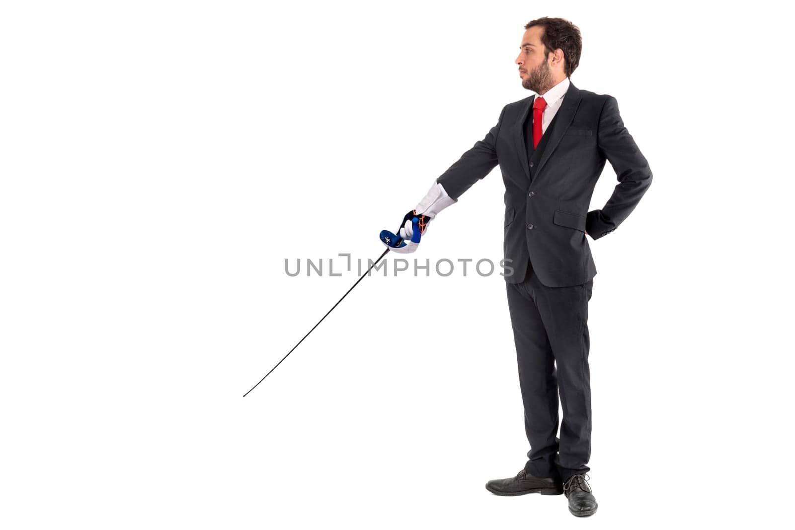Male fencer businessman, ready for a duel isolated in white background