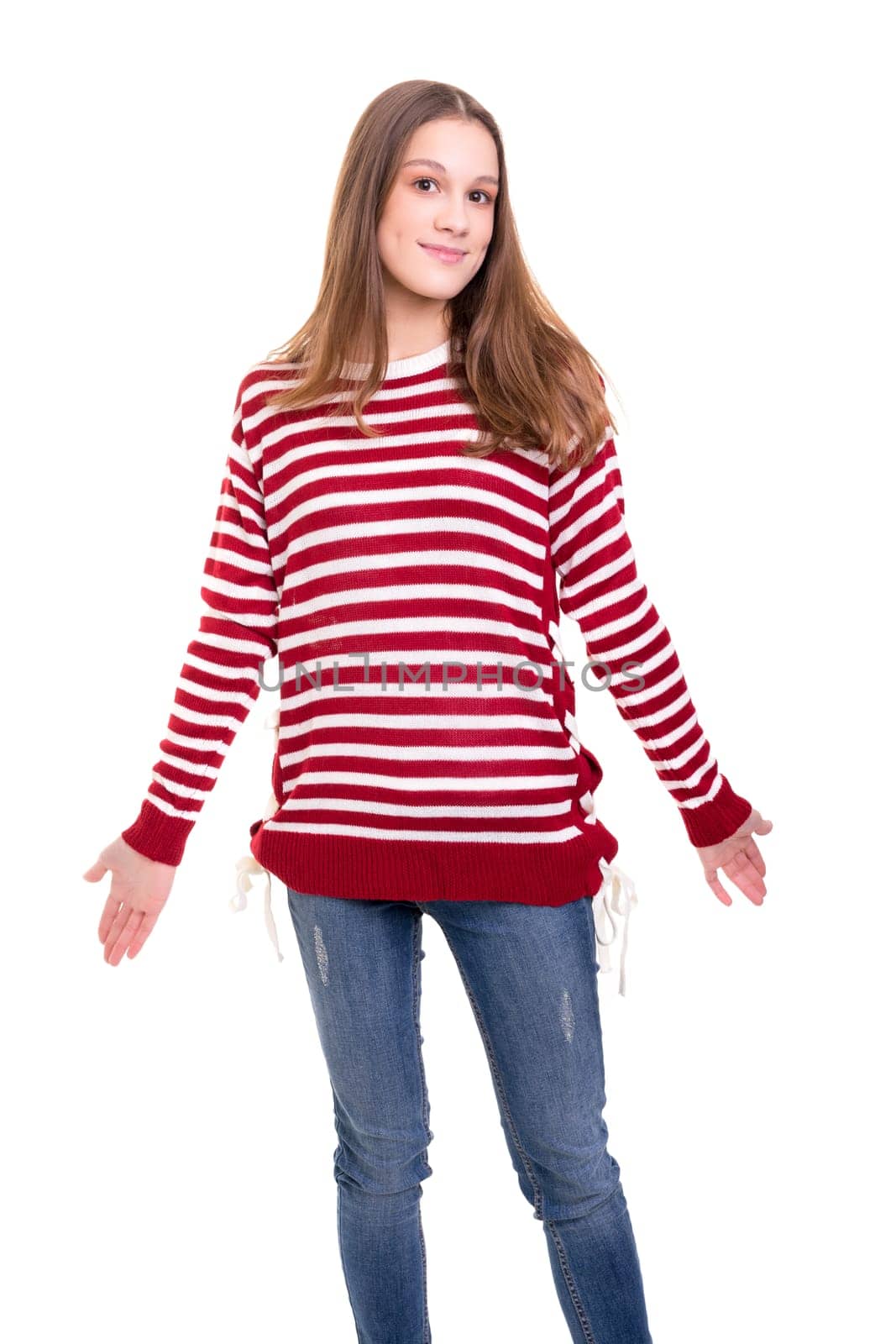 Woman with open hands asking sorry, isolated