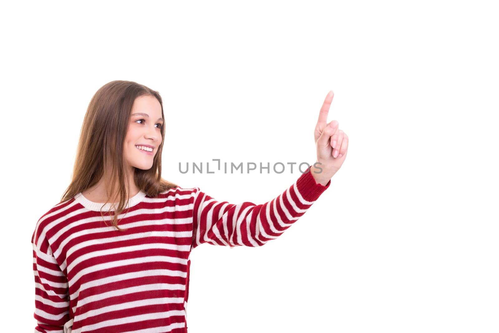 Business woman pressing key, isolated over white