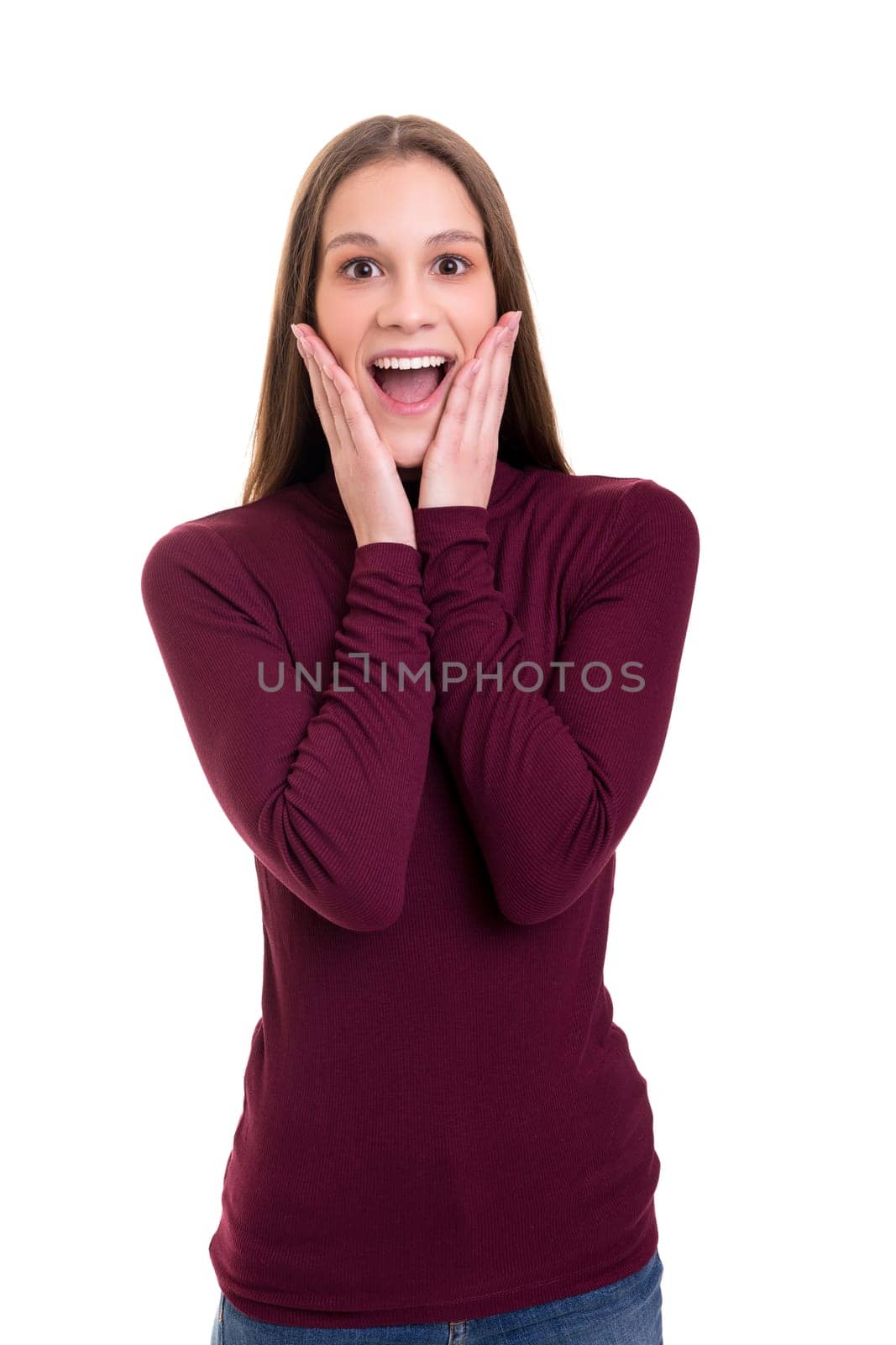 Surprised young woman isolated over white background