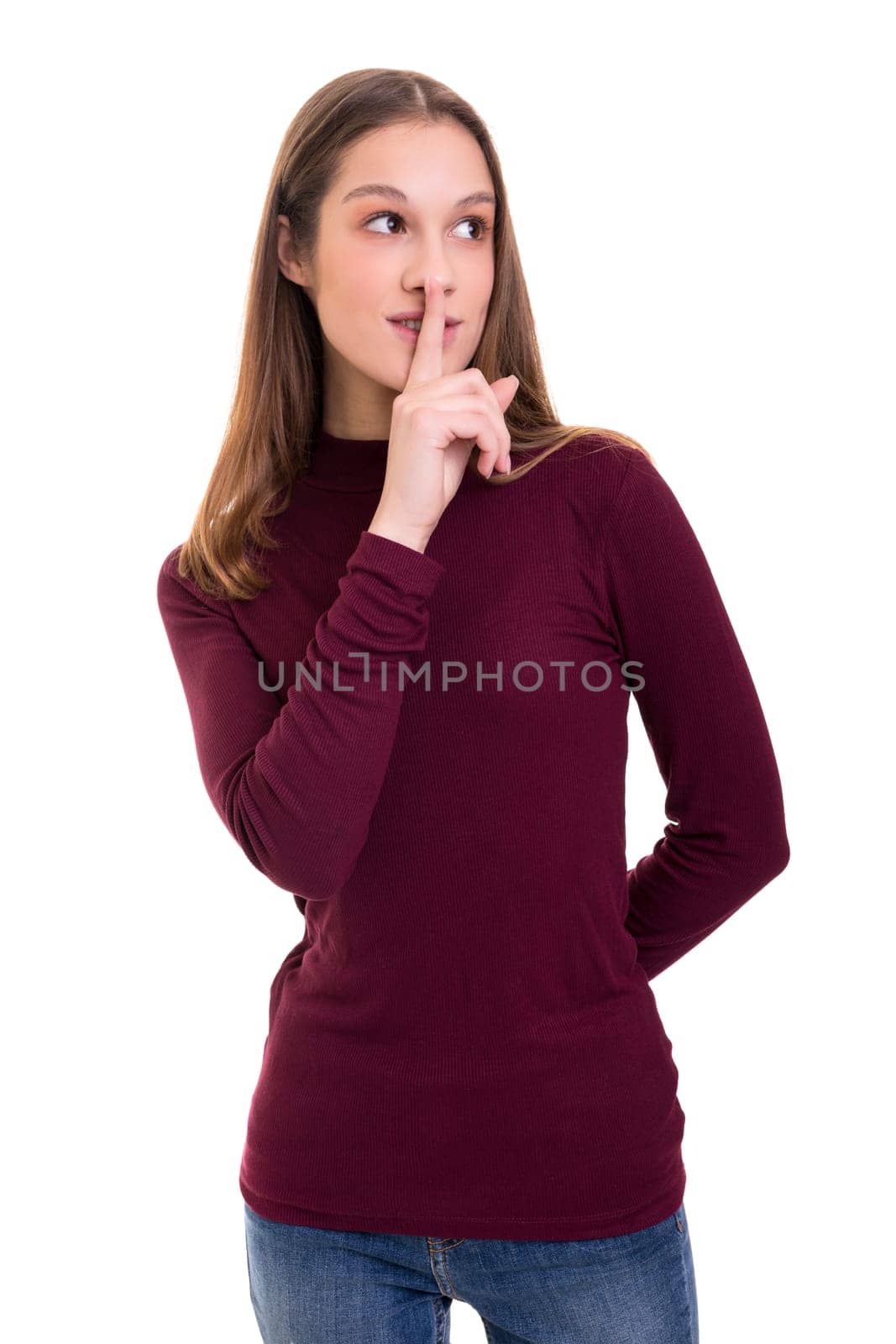 Beautiful young woman asking for silence isolated