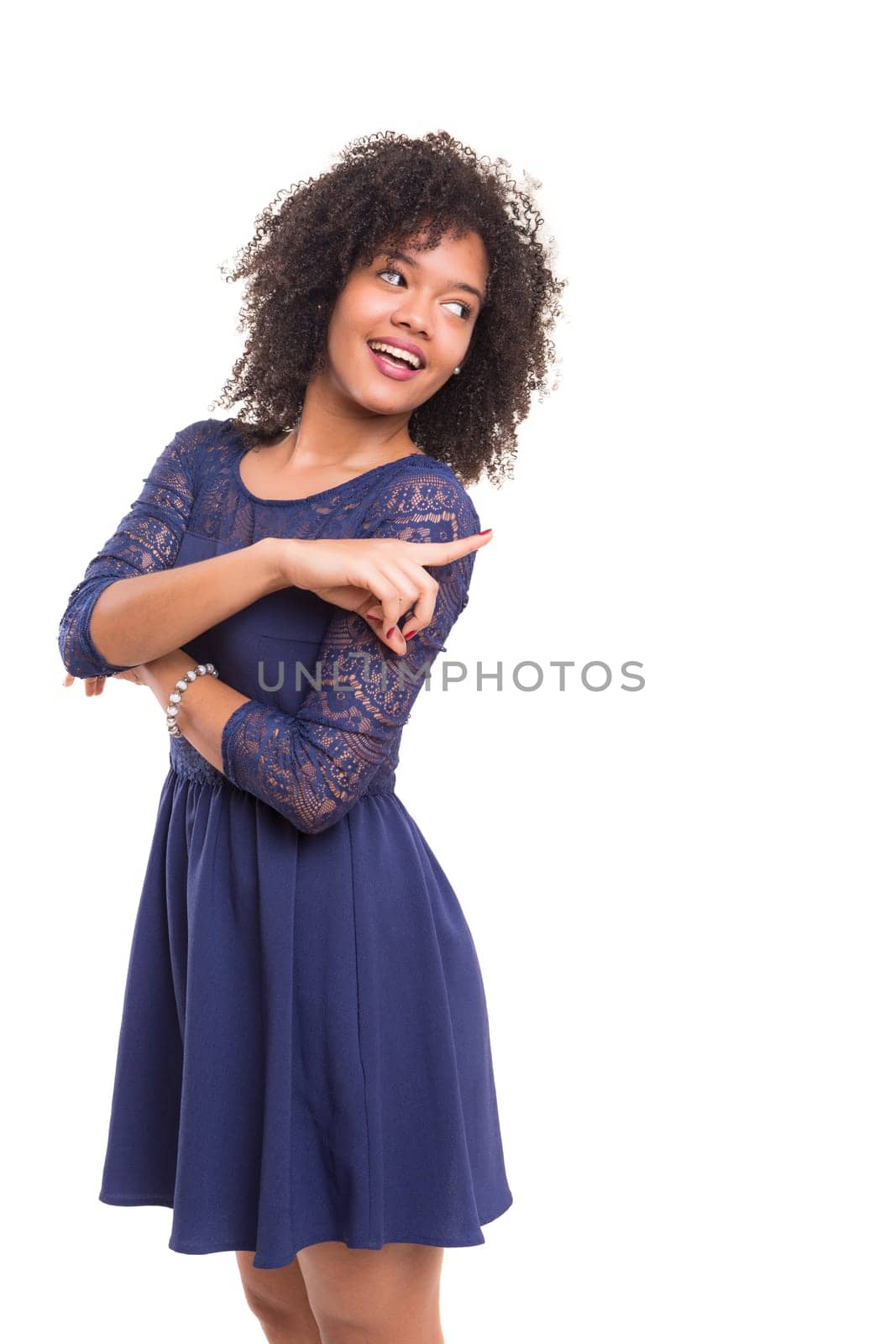 Young beautiful african woman presenting your product, isolated over white background