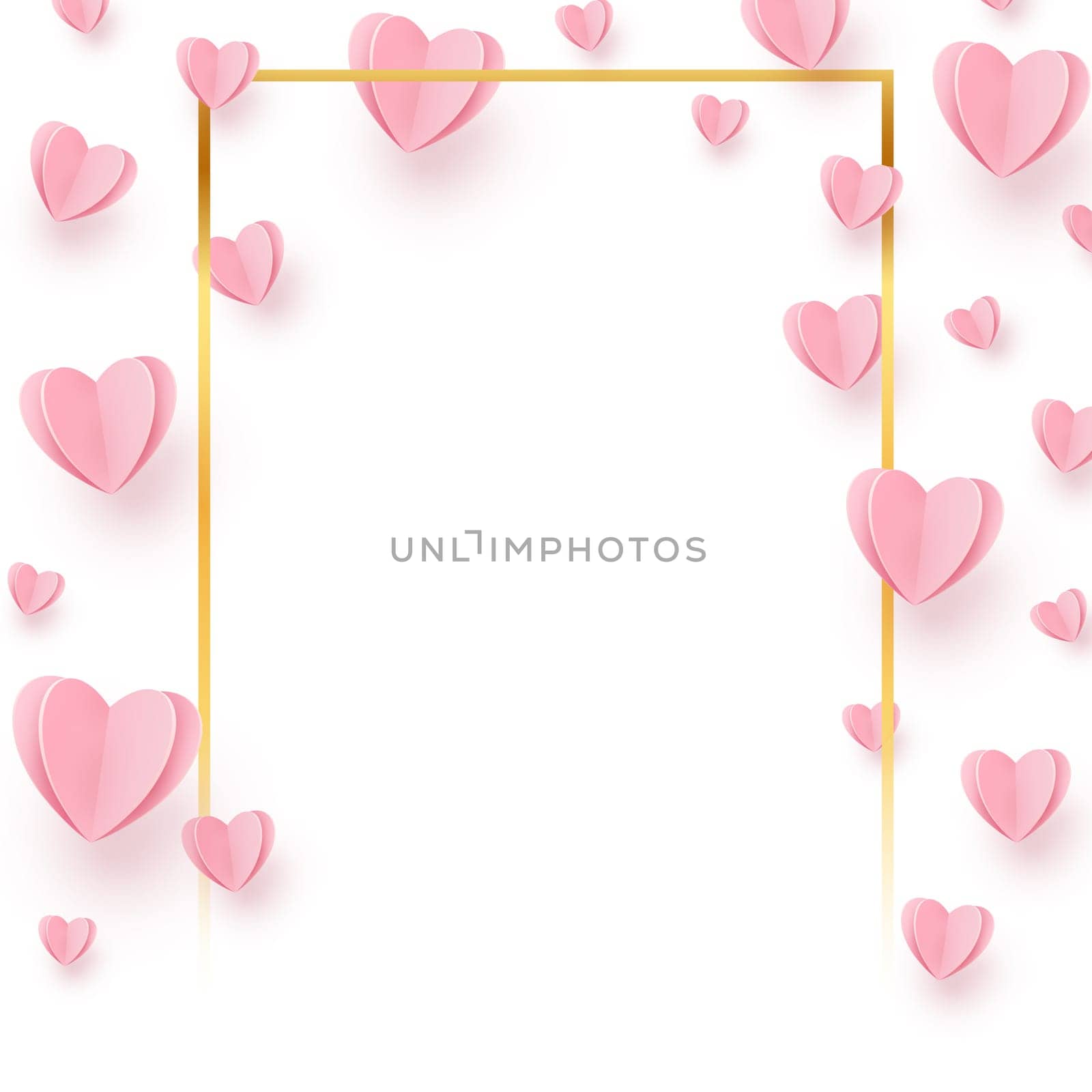Gently pink-red hearts in a gold frame on a white background - illustration