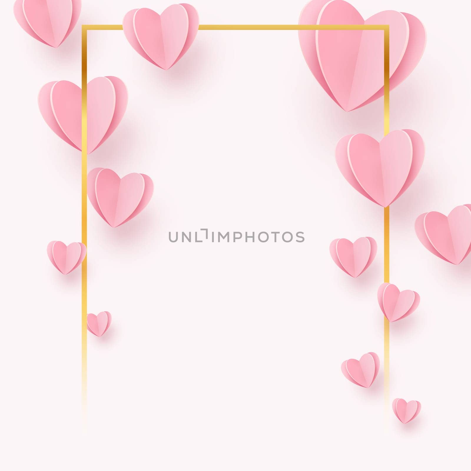 Gently pink-red hearts in a gold frame on a white background - illustration