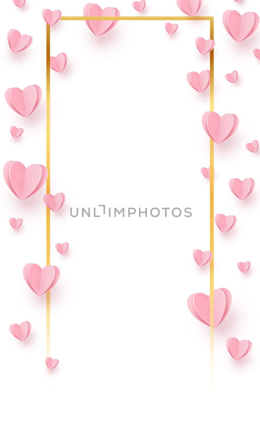Gently pink-red hearts in a gold frame on a white background - illustration