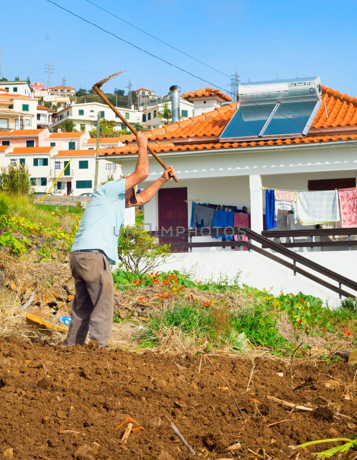 MADEIRA ISLAND, PORTUGAL - JANUARY 15, 2020: Man working on a field. Typical Madeira village architecture in the background.