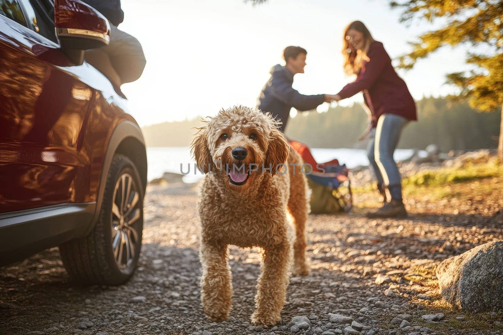 A cheerful dog leads a joyful family outing near a scenic lake, embodying the spirit of adventure and connection in nature. Enjoy the warmth of family moments under the sun.