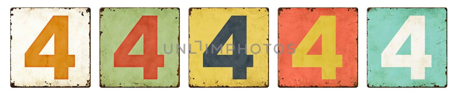 Five vintage tin signs on a white background - Number 4