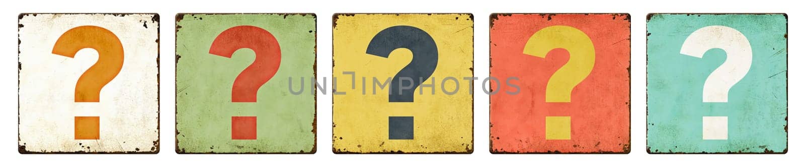 Five vintage tin signs on a white background - Question mark