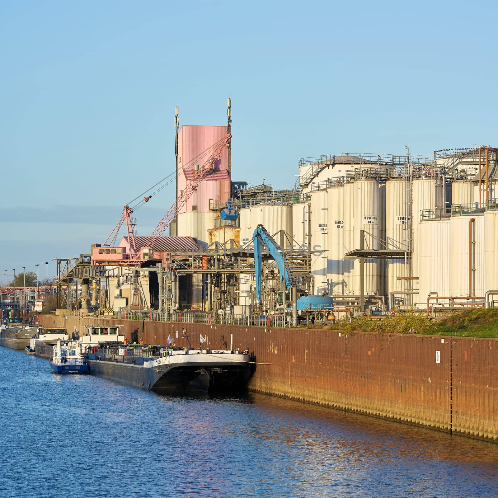 Ships in the industrial port in the north of Magdeburg in Germany