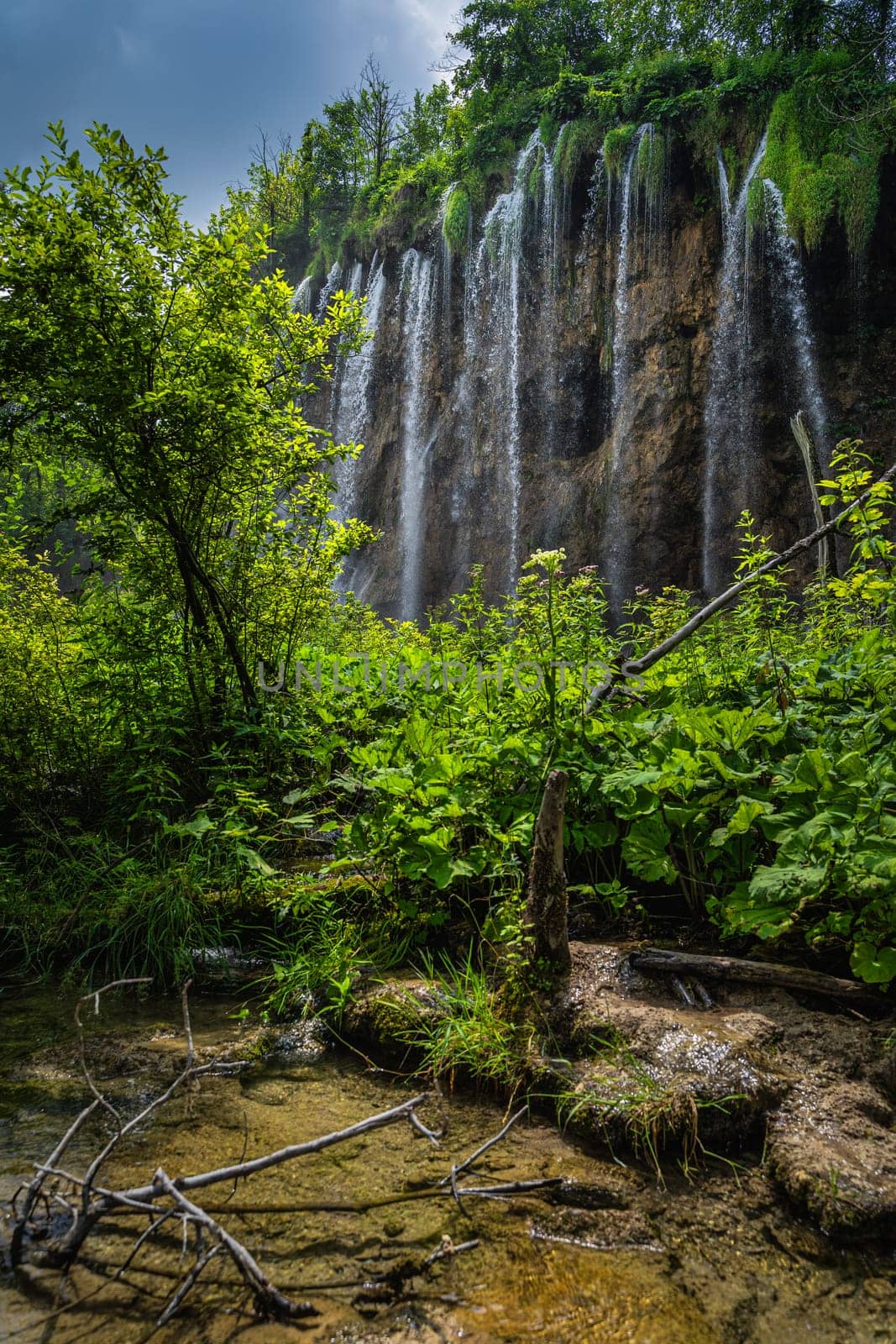 Beautiful waterfall illuminated by sunlight with little pond in green lush forest, Plitvice Lakes National Park UNESCO World Heritage in Croatia