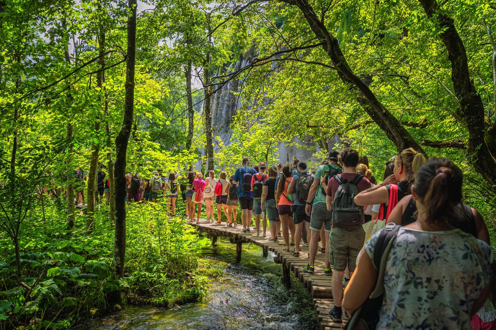 Plitvicka Jezera, Croatia, July 2019 Massive crowds and queues to taking pictures at waterfalls in Plitvice Lakes National Park UNESCO World Heritage