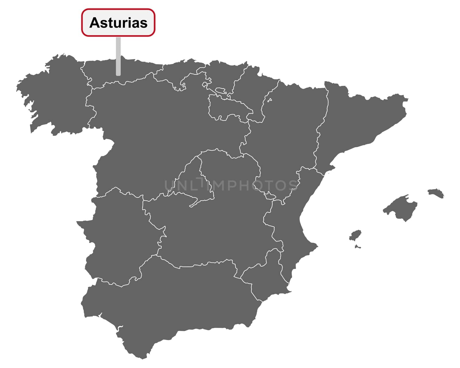 Landkarte von Spanien mit Ortsschild Asturias