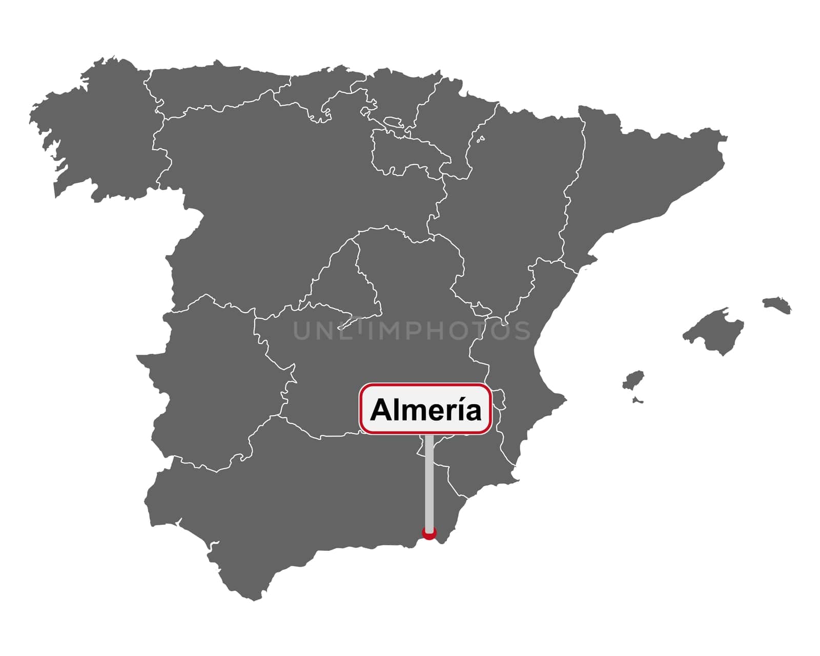 Landkarte von Spanien mit Ortsschild von Almeria