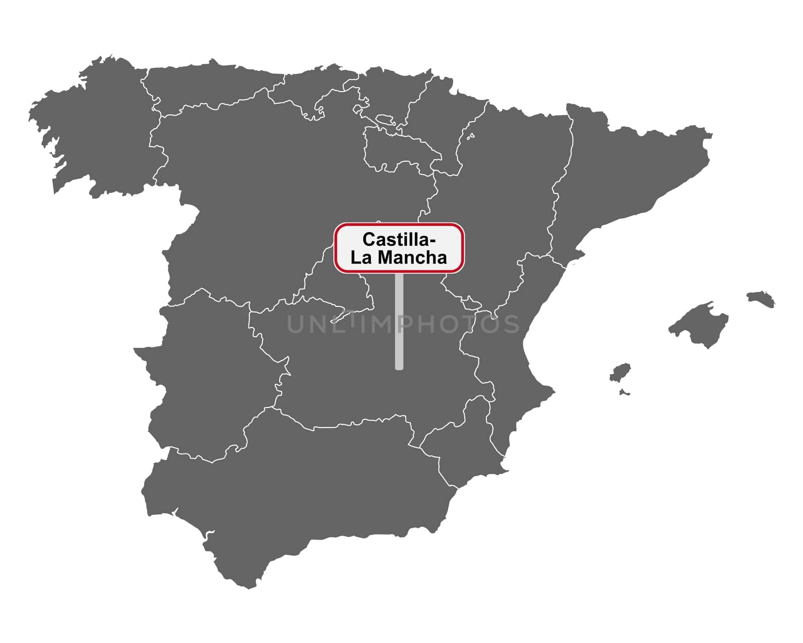 Landkarte von Spanien mit Ortsschild Castilla- La Mancha