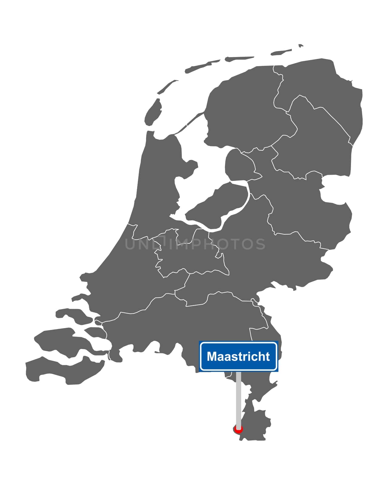Landkarte der Niederlande mit Orstsschild Maastricht