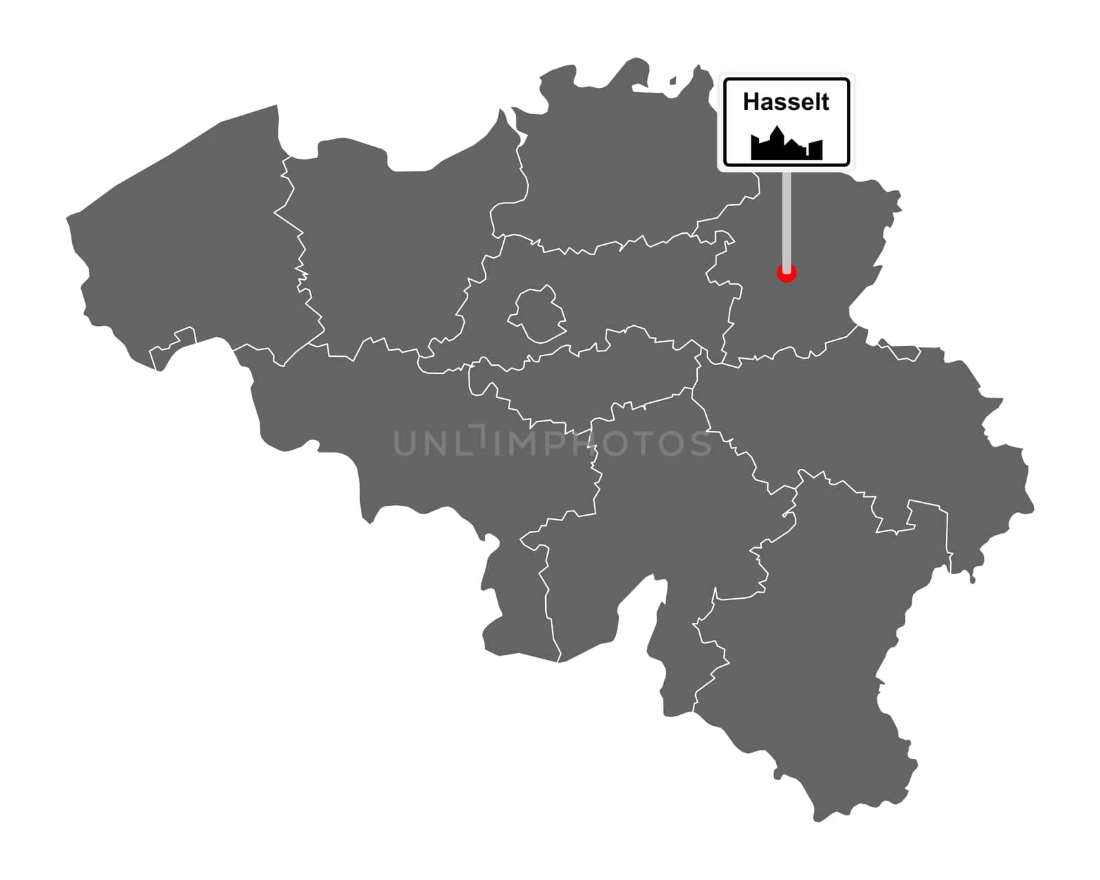 Landkarte von Belgien mit Orstsschild Hasselt