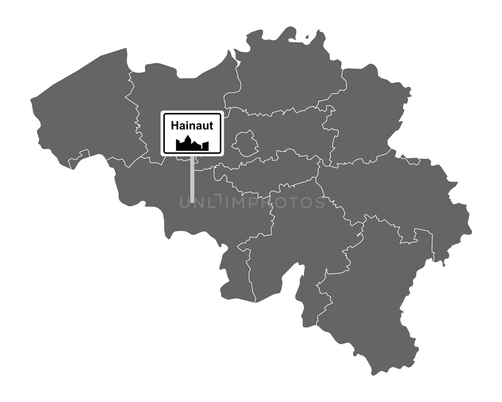 Landkarte von Belgien mit Orstsschild Hainaut