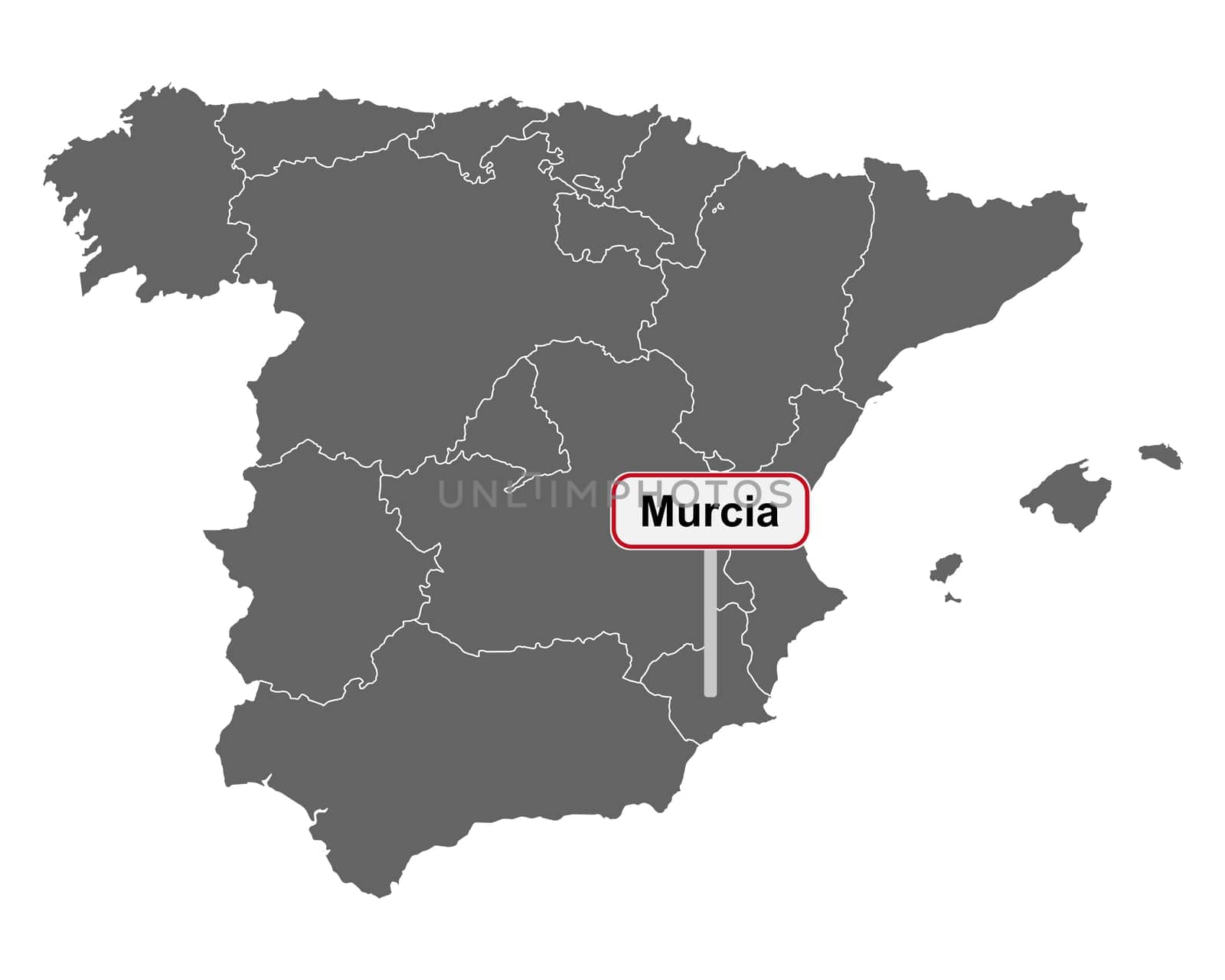Landkarte von Spanien mit Ortsschild Murcia