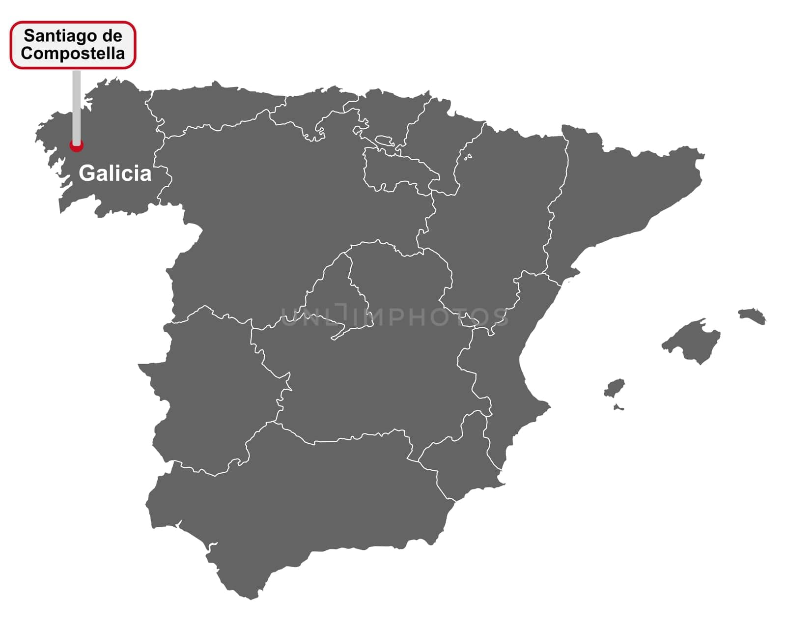 Landkarte von Spanien mit Ortsschild von Santiago de Compostella