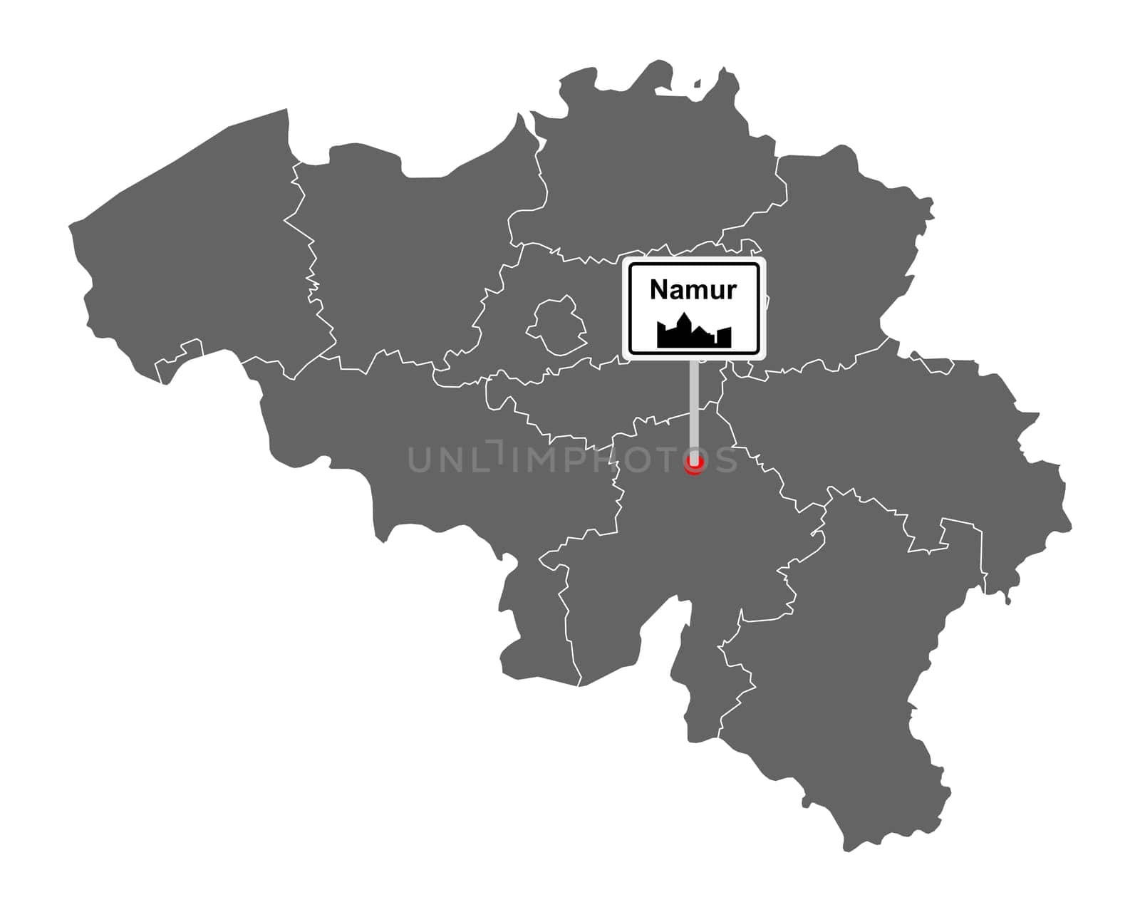 Landkarte von Belgien mit Orstsschild Namur