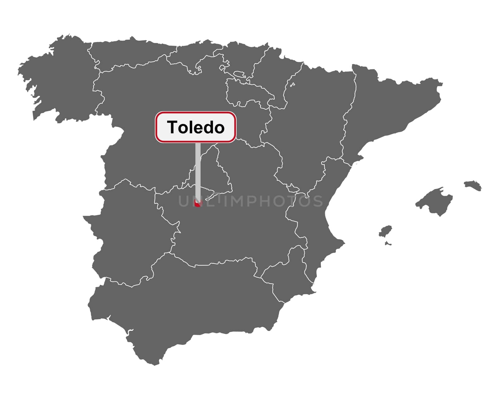 Landkarte von Spanien mit Ortsschild von Toledo