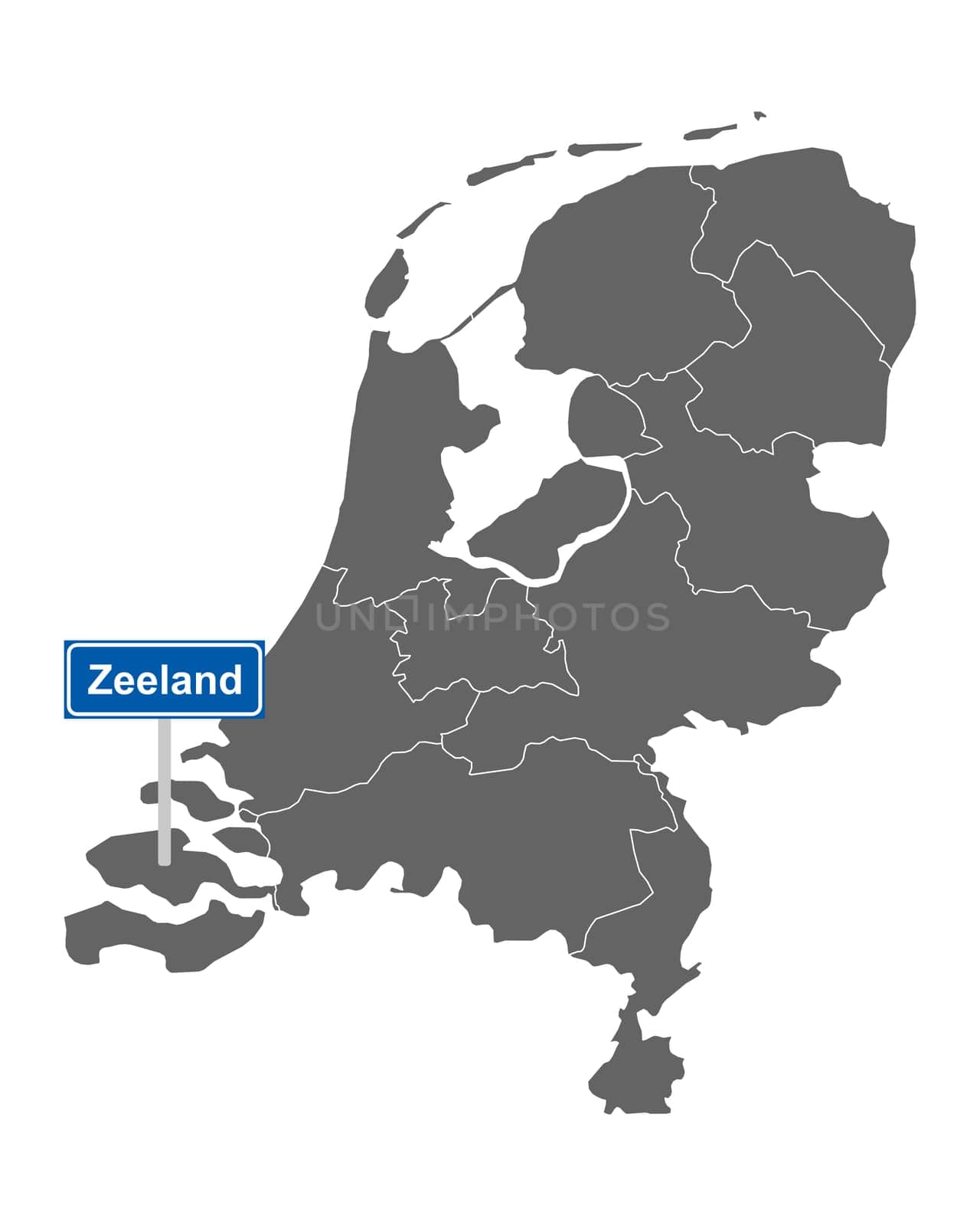 Landkarte der Niederlande mit Ortssschild Zeeland