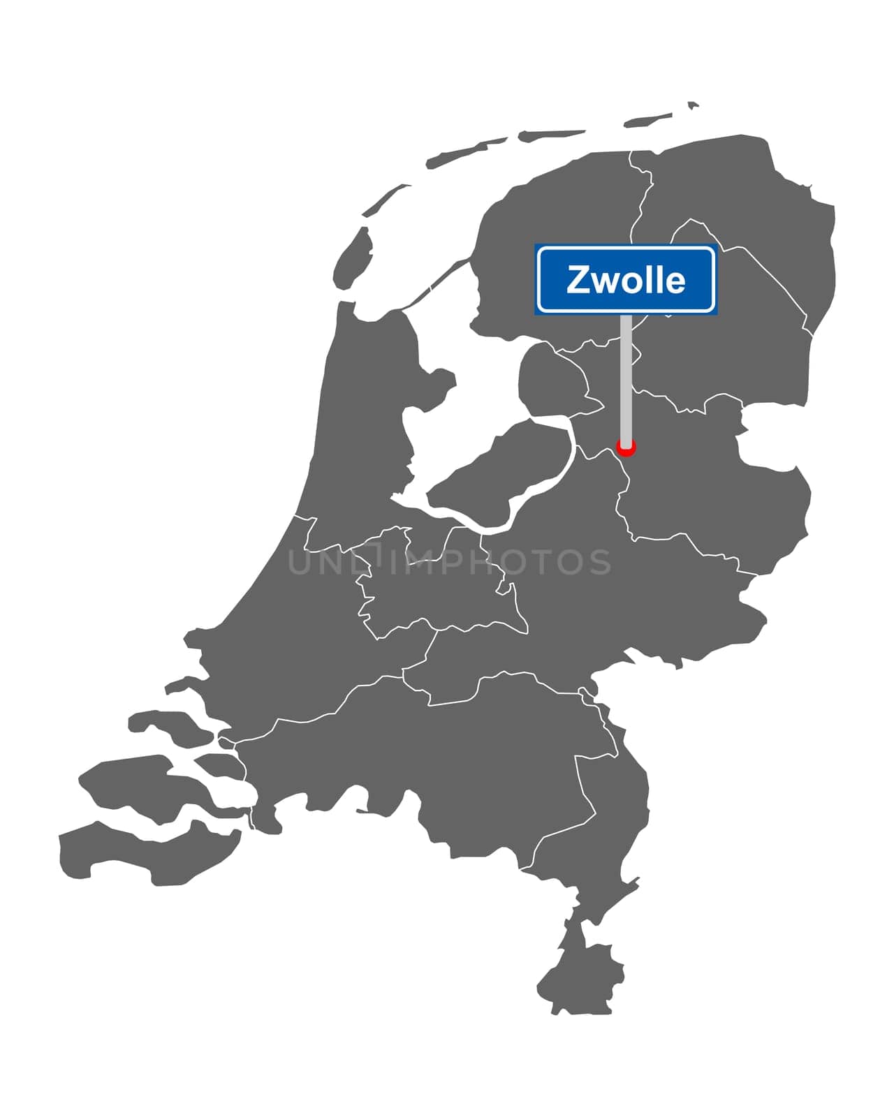 Landkarte der Niederlande mit Orstsschild Zwolle
