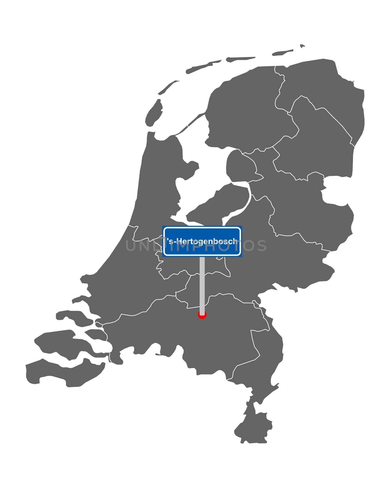 Landkarte der Niederlande mit Orstsschild Žs-Hertogenbosch