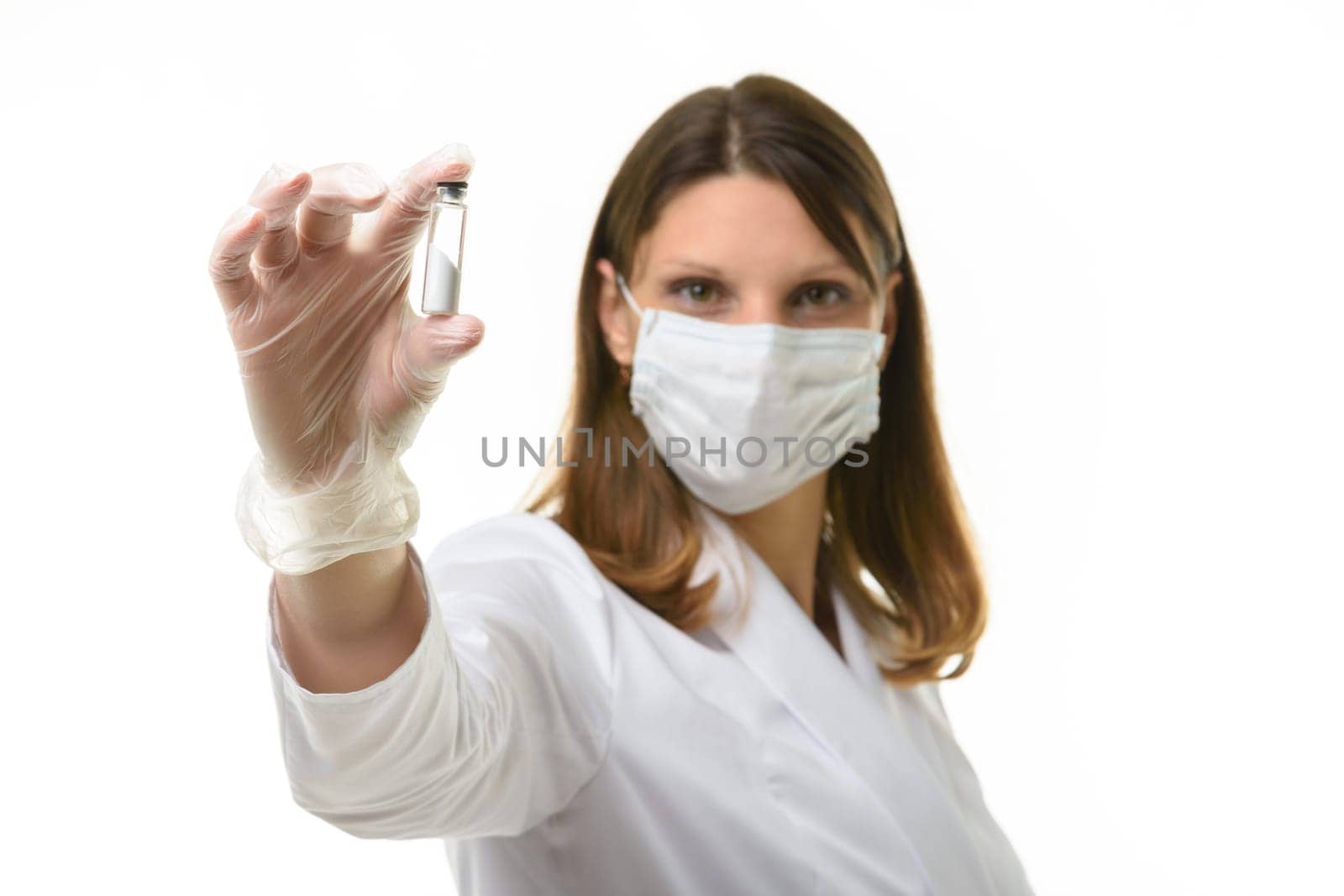 Doctor shows a test tube with a drug in the frame