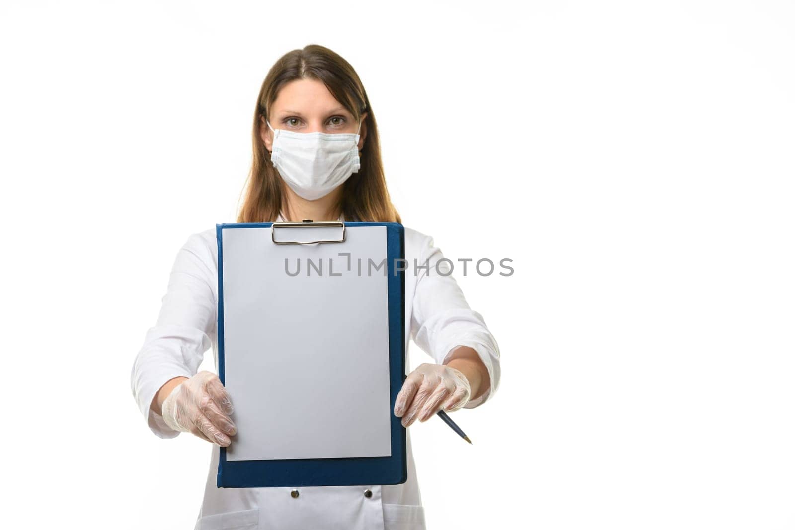 The doctor shows a tablet with a white sheet of paper in front of him