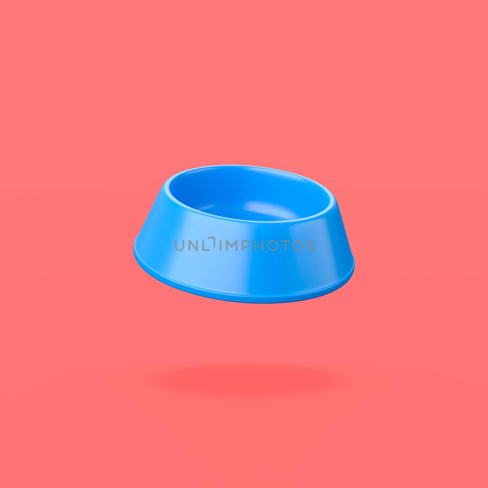 Empty Blue Plastic Pets Bowl on Flat Red Background with Shadow 3D Illustration