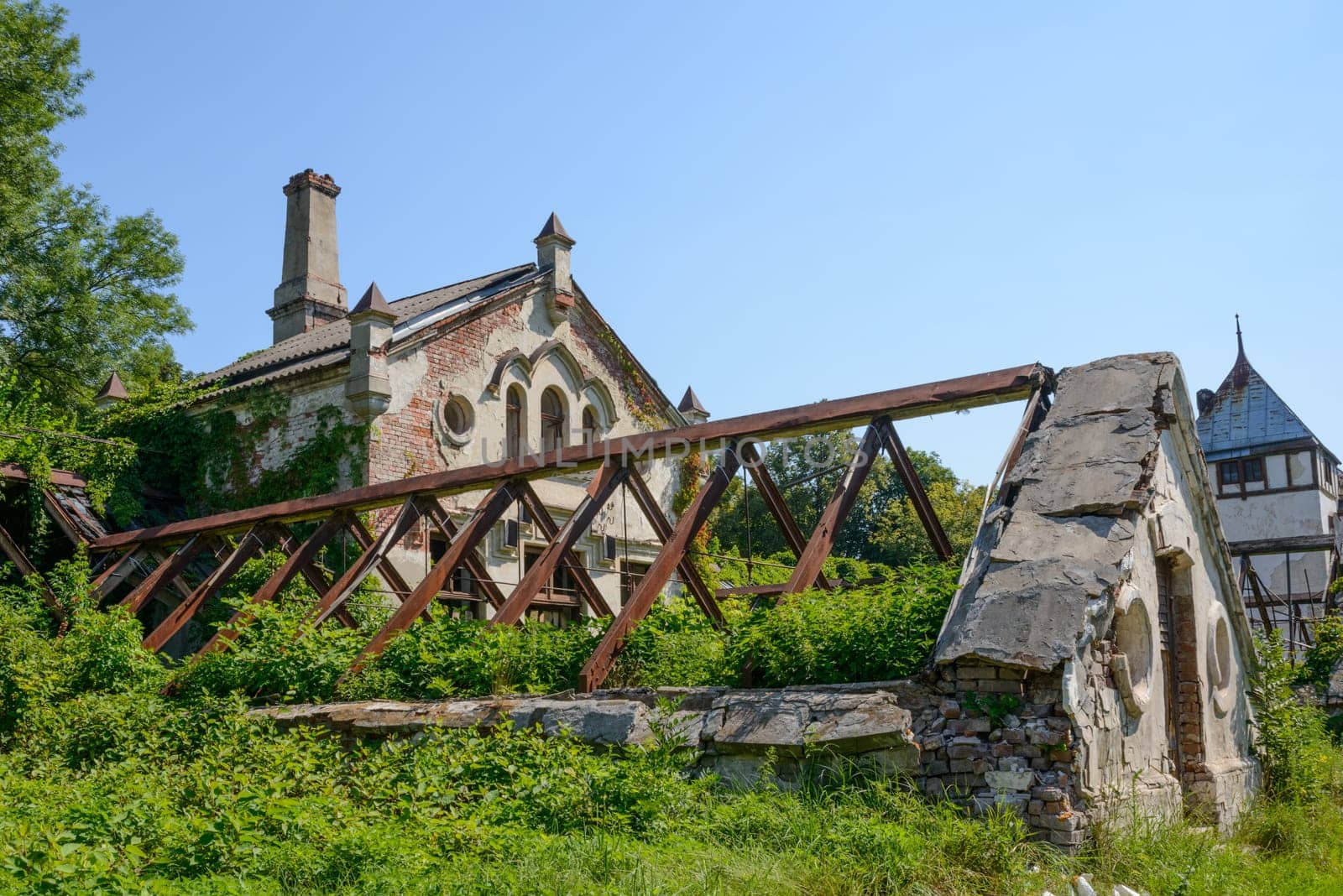 Old and very ruined buildings outside Kharkiv, in an Ukrainian forest