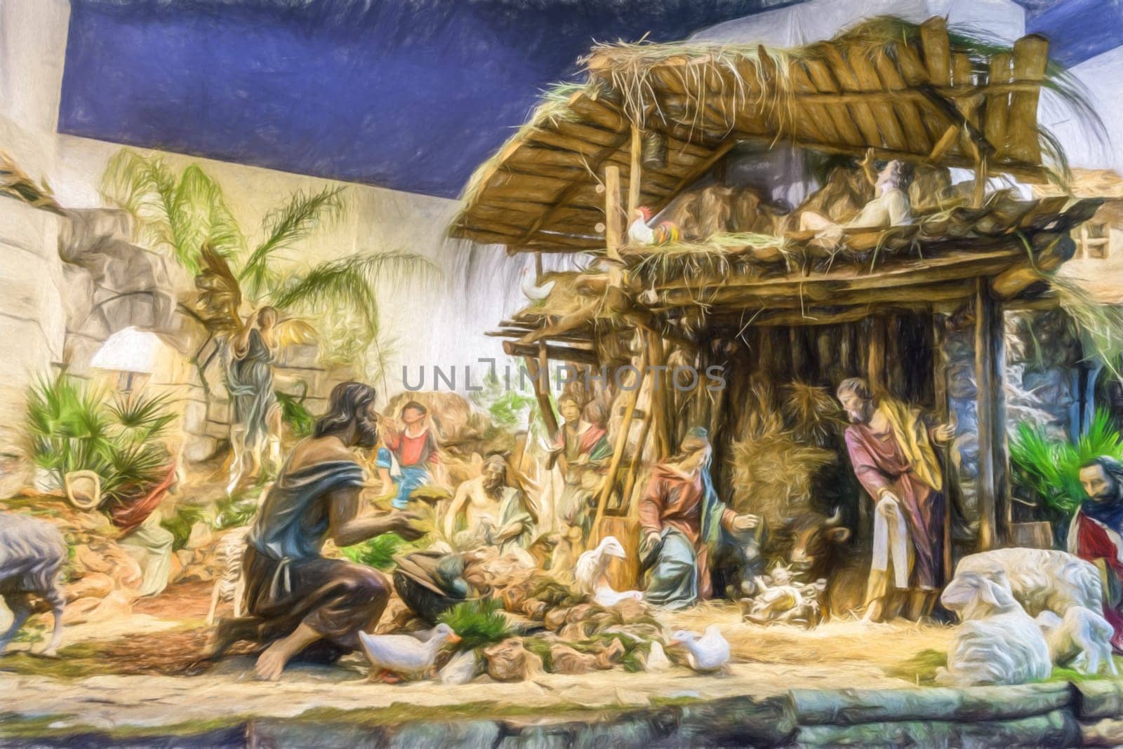 Photo of a Nativity retouched to look like a painting