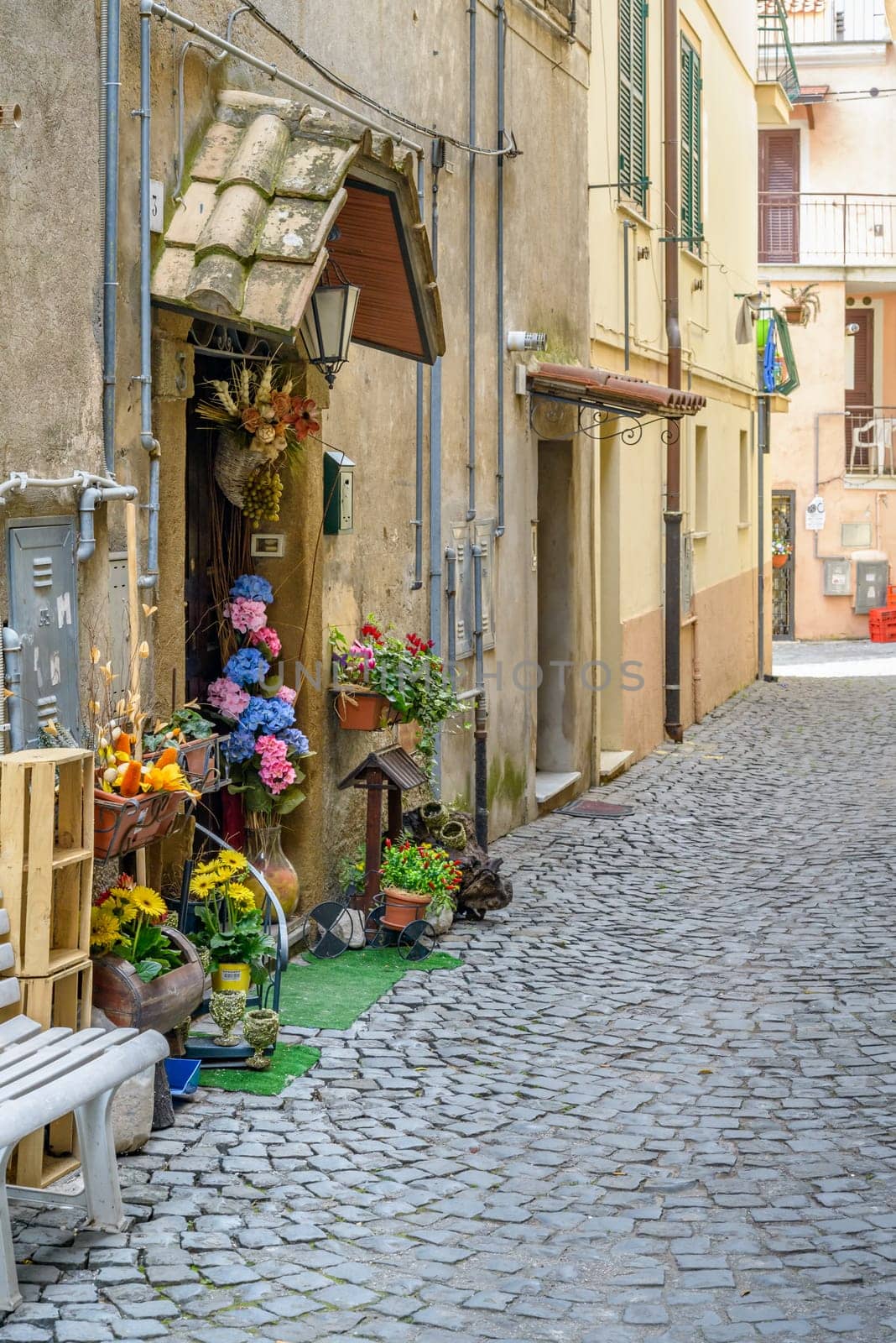 Nice  village street with flowers in Italy near Rome