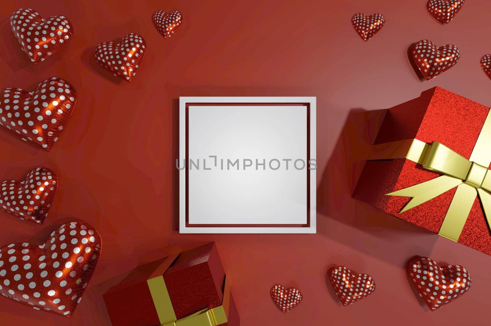 3D image , White frame of gift box and hearts on red background . Concept valentine day , wedding