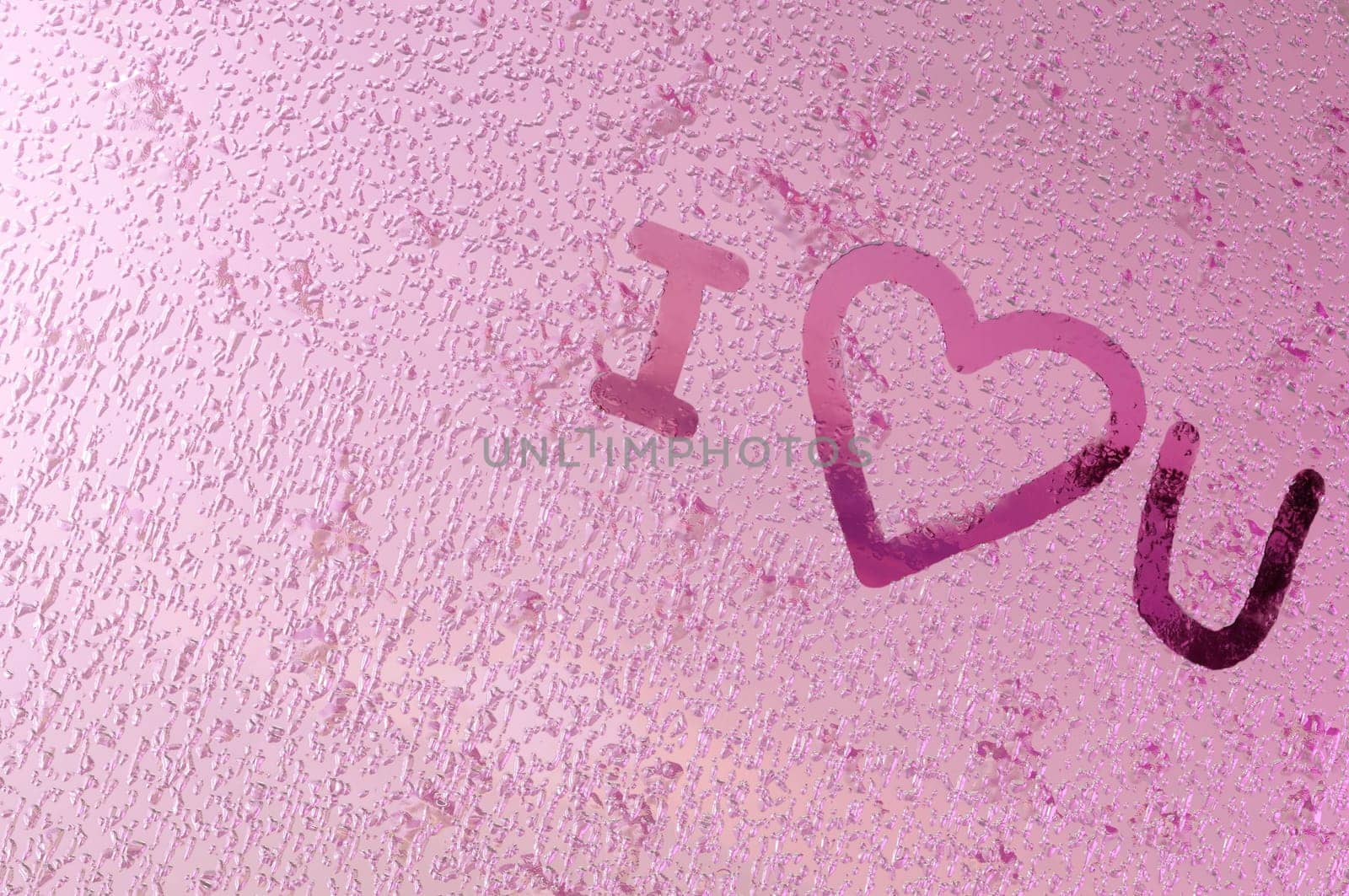 3D image ,  writes  '" I love you ""on window glass with drops on pink color background. Concept valentine day , wedding"