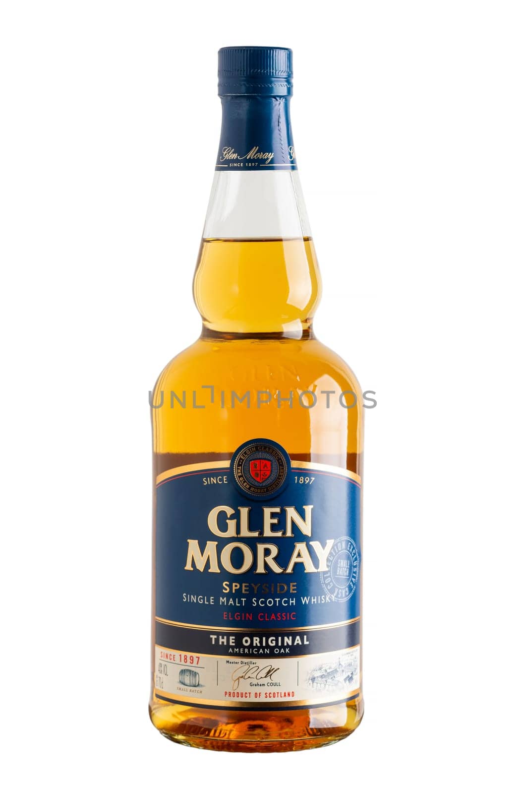 BAYONNE, FRANCE - CIRCA DECEMBER 2020: Glen Morray Classic single malt whisky bottle isolated on white background