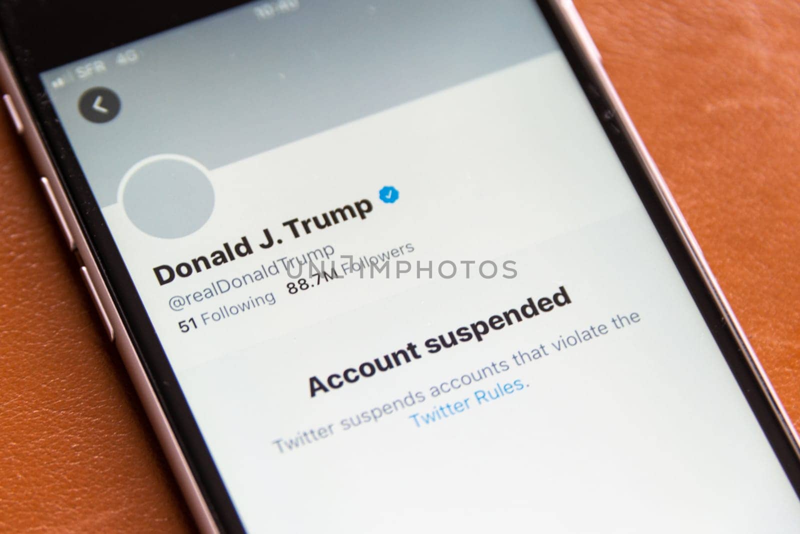 BAYONNE, FRANCE - JANUARY 9, 2021: US President Donald Trump has been permanently suspended from Twitter.