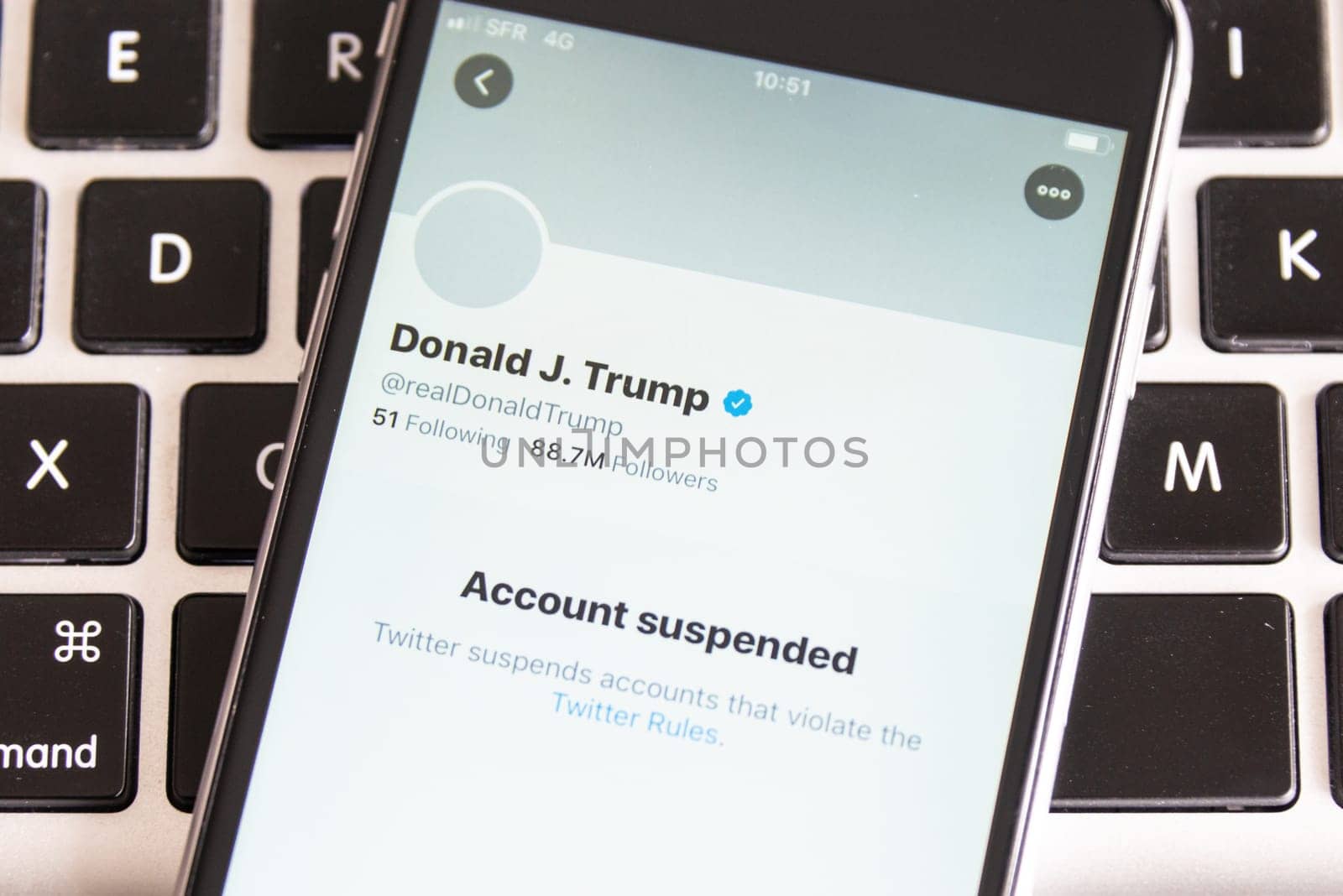 BAYONNE, FRANCE - JANUARY 9, 2021: US President Donald Trump has been permanently suspended from Twitter.