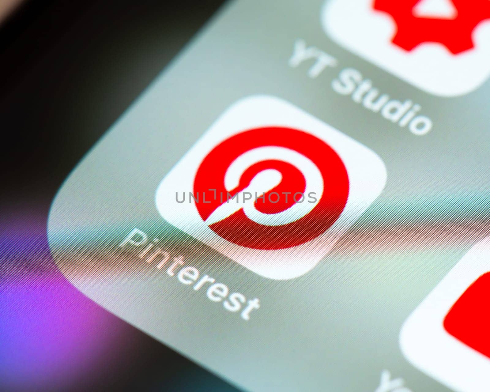 BAYONNE, FRANCE - CIRCA JANUARY 2021: Pinterest app icon on Apple iPhone screen. Pinterest is an American image sharing and social media service.