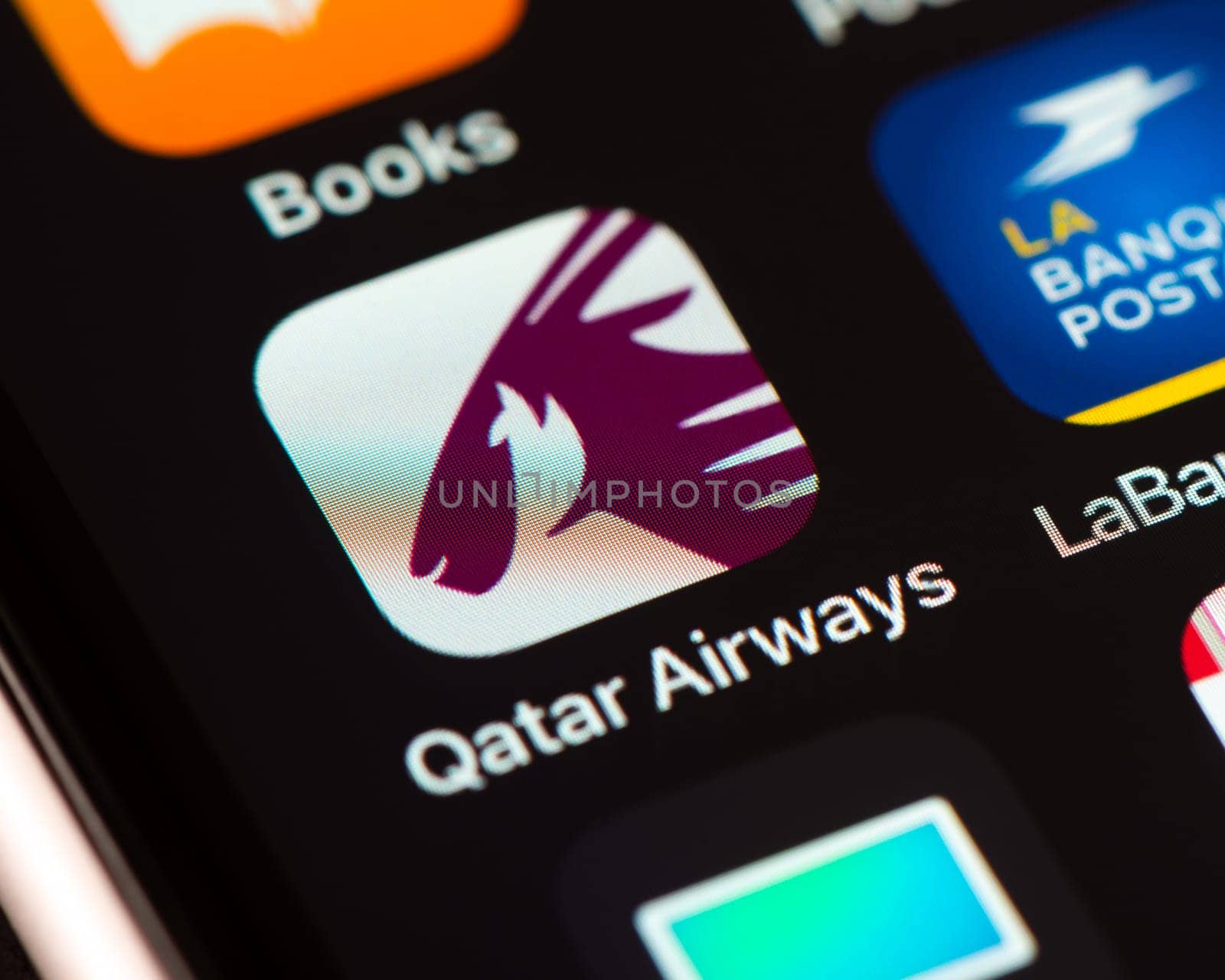 BAYONNE, FRANCE - CIRCA JANUARY 2021: Qatar Airways app icon on Apple iPhone screen.