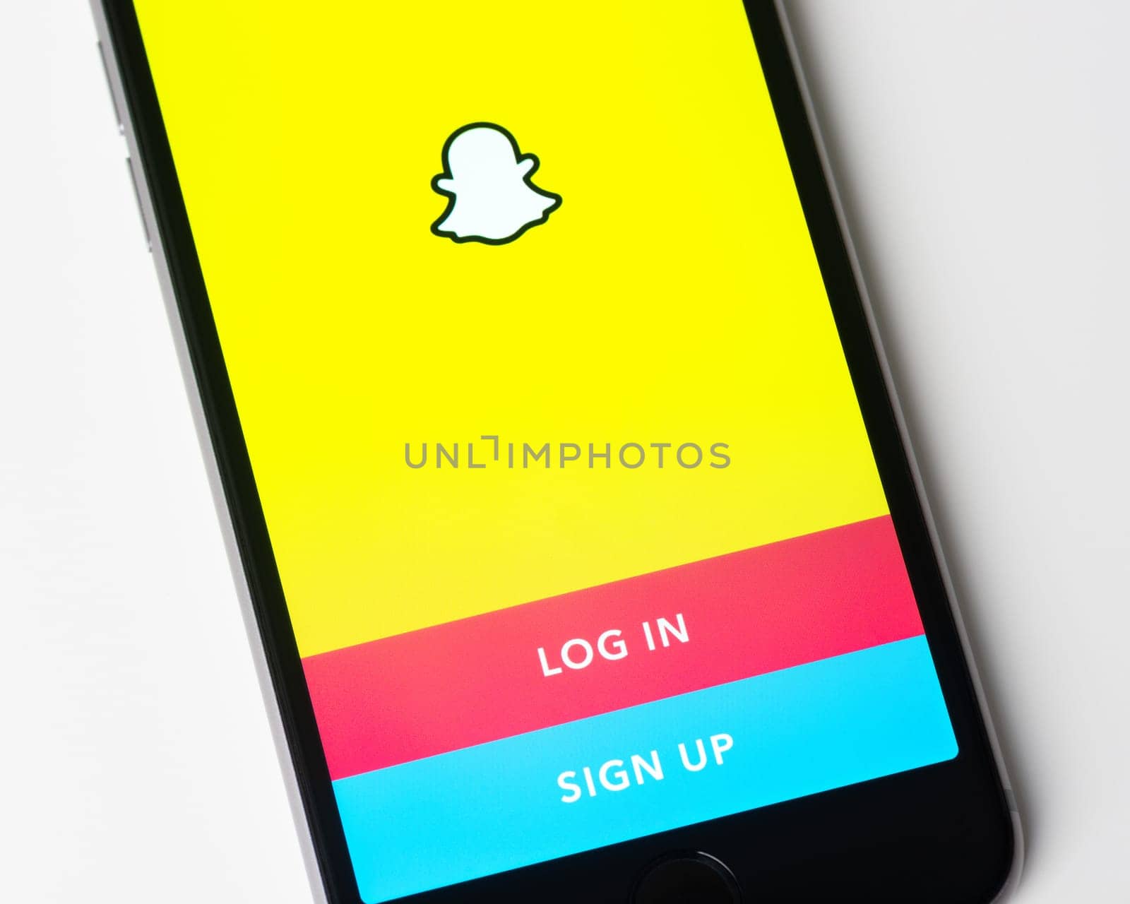 BAYONNE, FRANCE - CIRCA JANUARY 2021: Snapchat app log in and sign up page on Apple iPhone screen. Snapchat is a multimedia messaging app developed by Snap Inc.