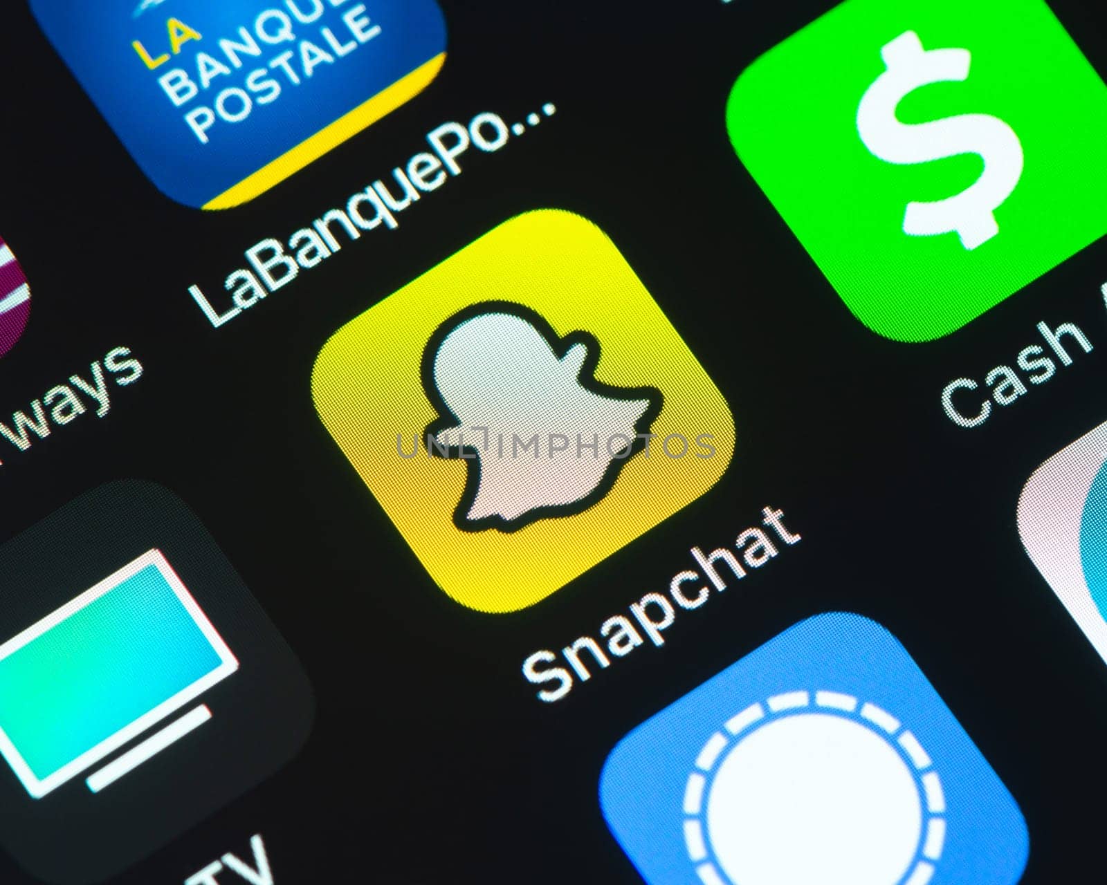 BAYONNE, FRANCE - CIRCA JANUARY 2021: Snapchat app icon on Apple iPhone screen. Snapchat is a multimedia messaging app developed by Snap Inc.